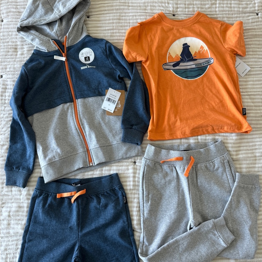 NWT Eddie Bauer 4 PIECE SET Kids' Blue and Gray Hoodie with Orange Ac